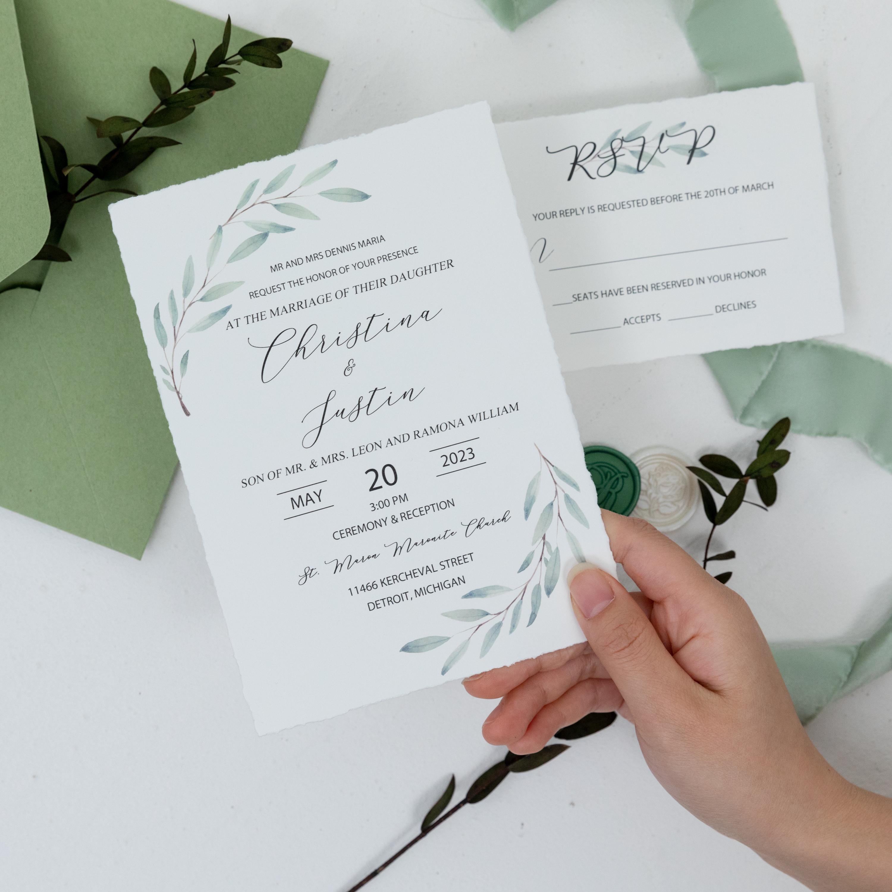 Deckle Edge Green Wedding Invitation and RSVP with Wax Seal | Botanical Wedding Invite thumbnail 3
