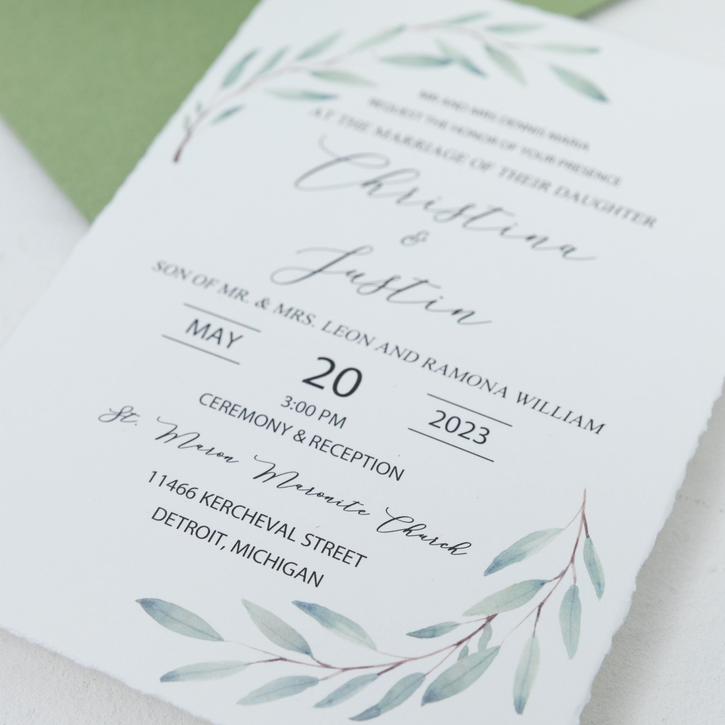 Deckle Edge Green Wedding Invitation and RSVP with Wax Seal | Botanical Wedding Invite thumbnail 5