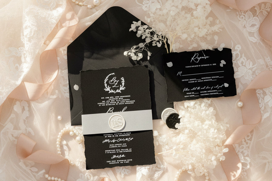 Matte Black Deckle Edge Wedding Invitation | Vellum Bellyband, White Ink image 1