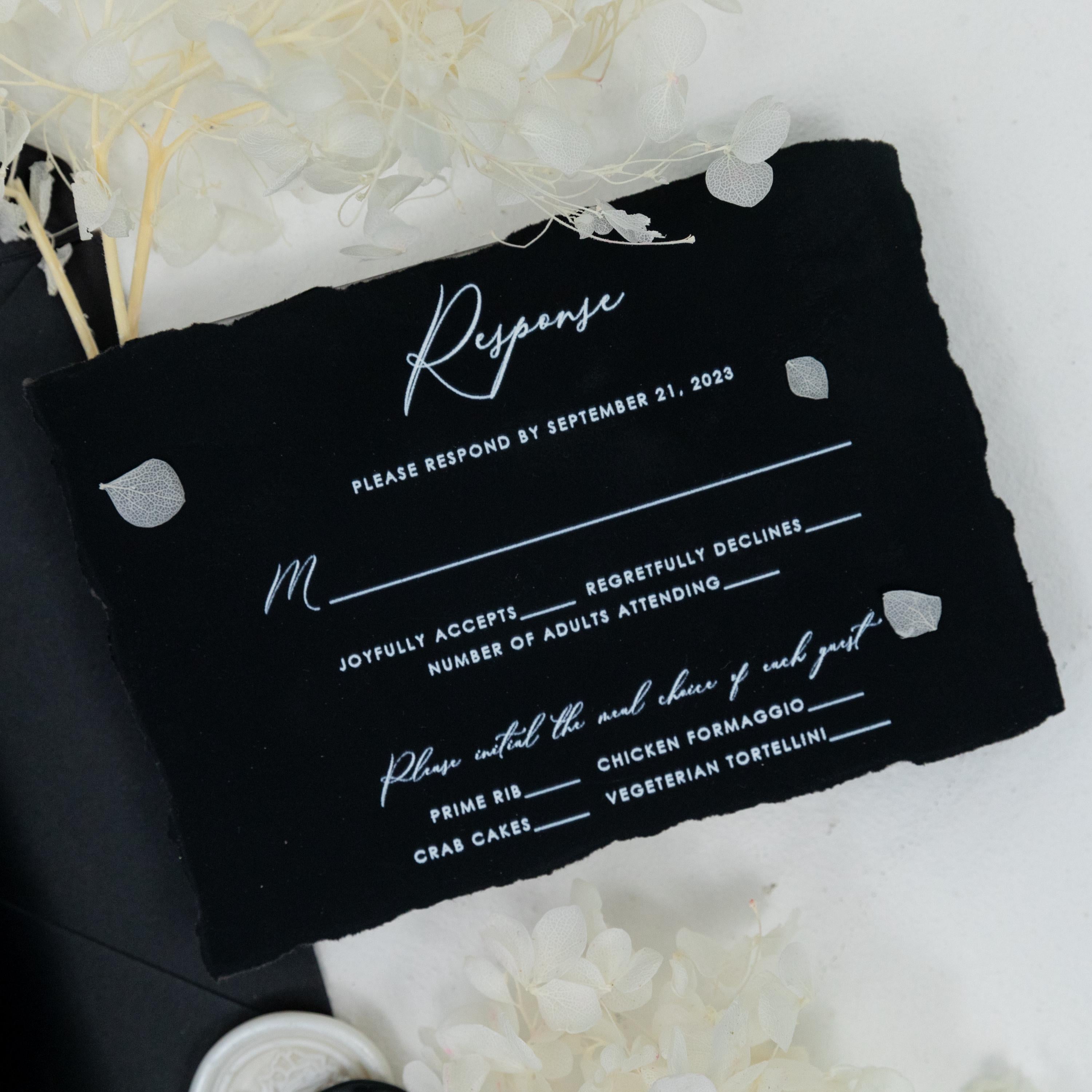 Matte Black Deckle Edge Wedding Invitation | Vellum Bellyband, White Ink thumbnail 2