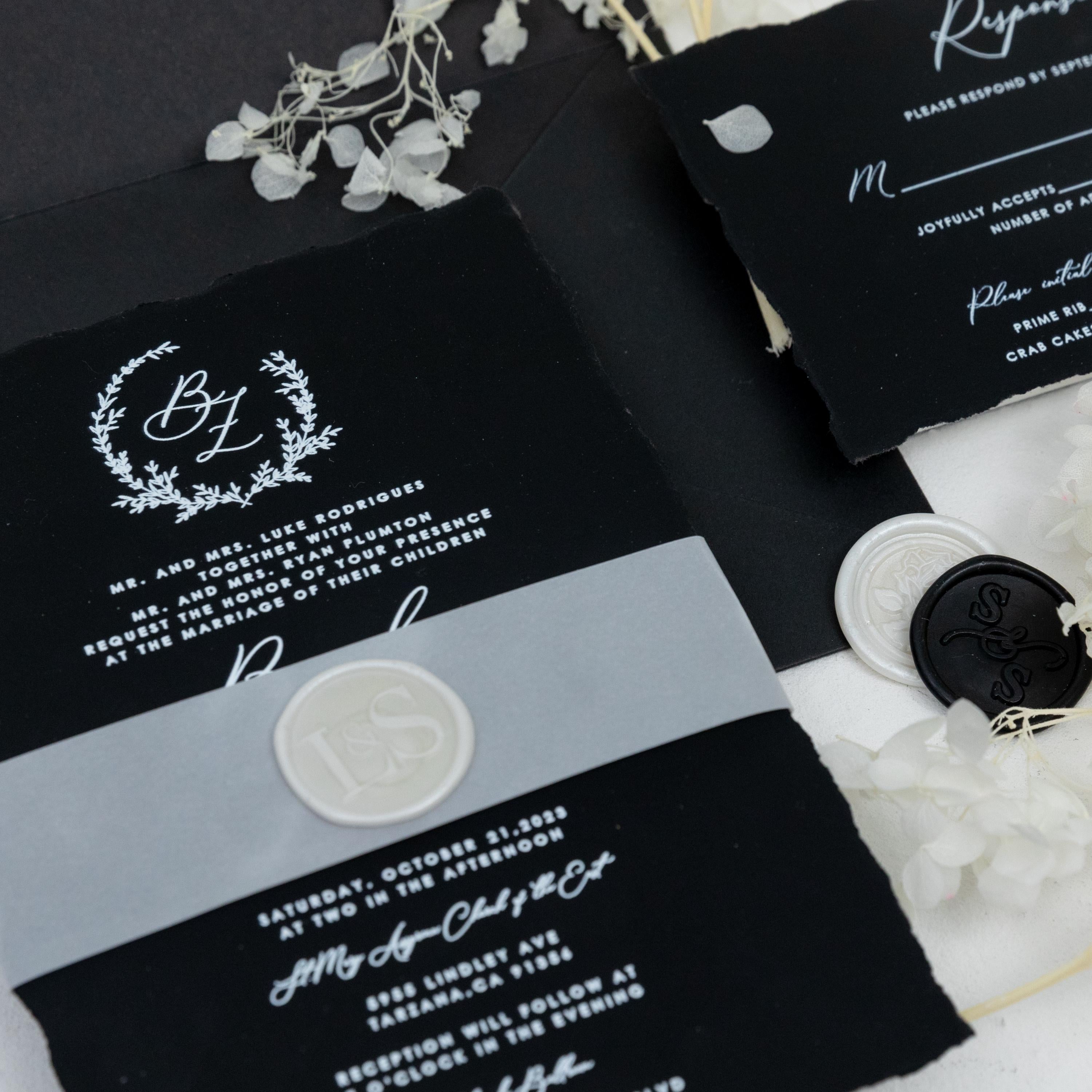 Matte Black Deckle Edge Wedding Invitation | Vellum Bellyband, White Ink thumbnail 3