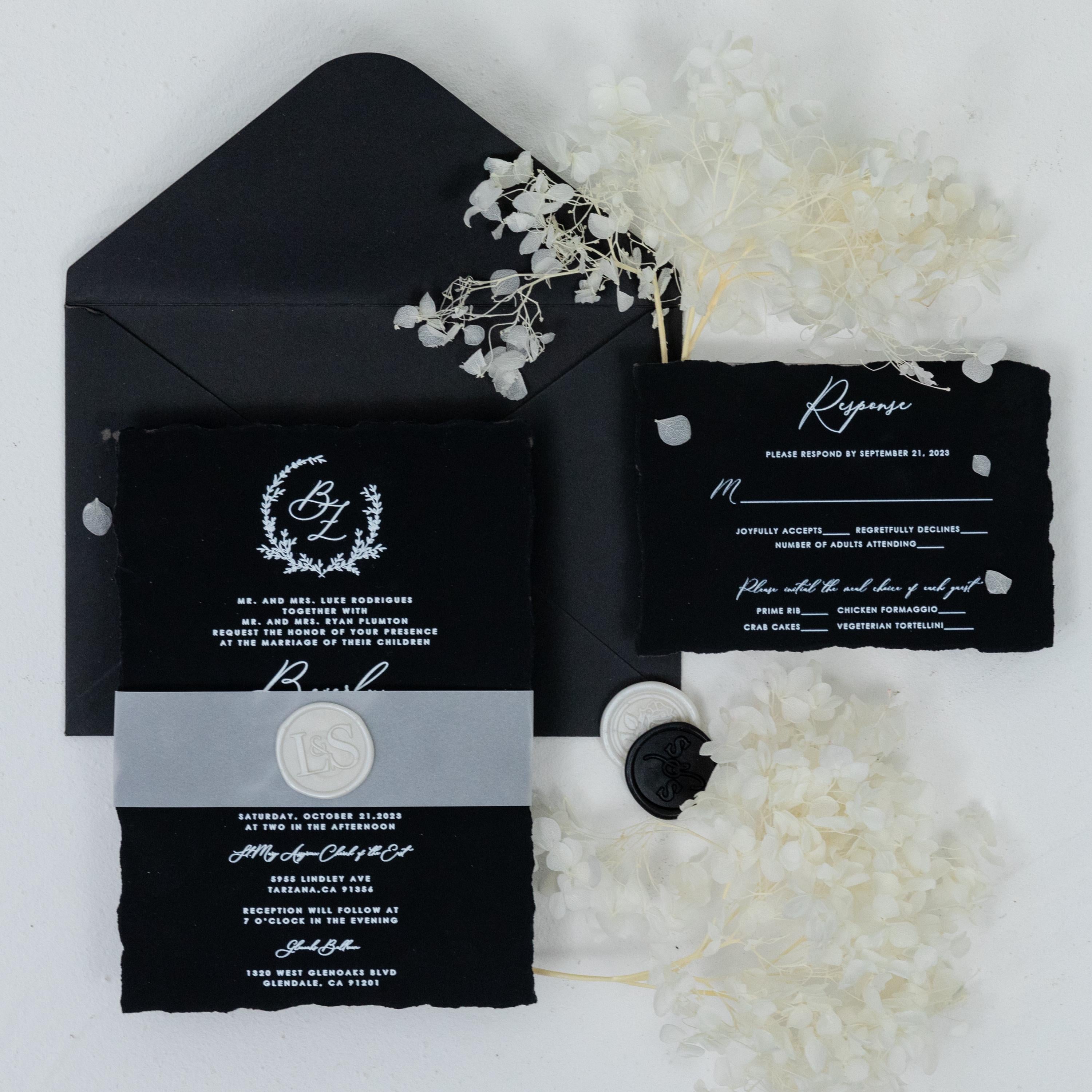 Matte Black Deckle Edge Wedding Invitation | Vellum Bellyband, White Ink thumbnail 4