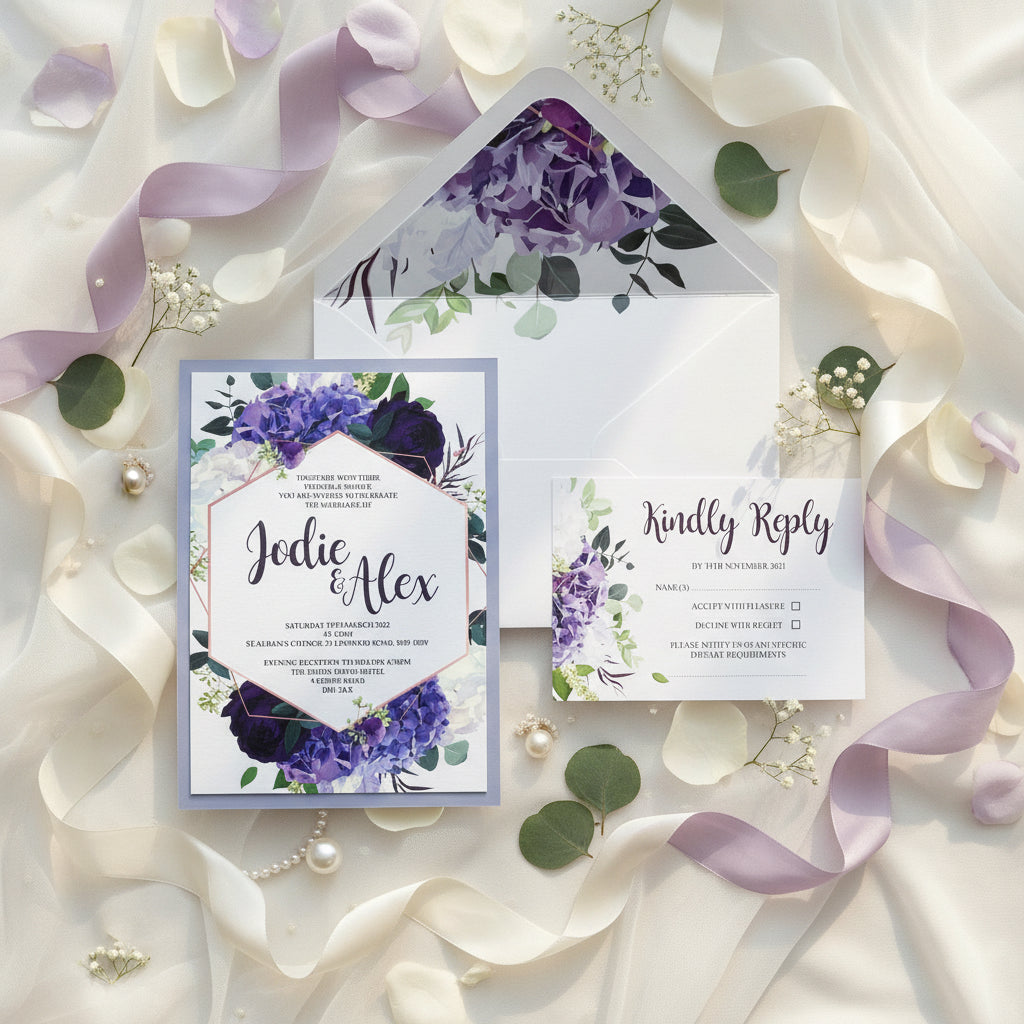 Lilac, Lavender & Purple Wedding Invitation with Matching Inserts & Envelope With Liner image 1