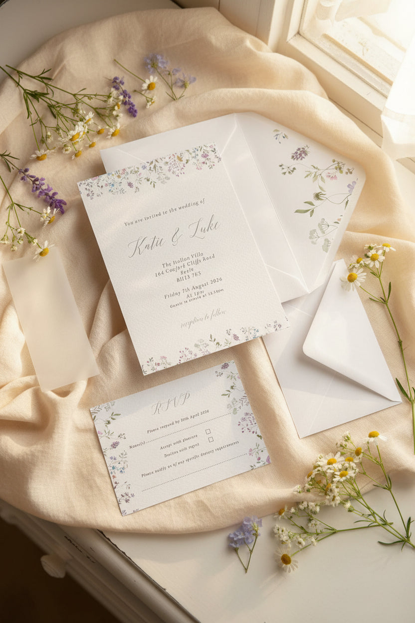 Wildflower Watercolour Botanical Border Wedding Invitations with Vellum Bellyband & Envelope Liner image 1