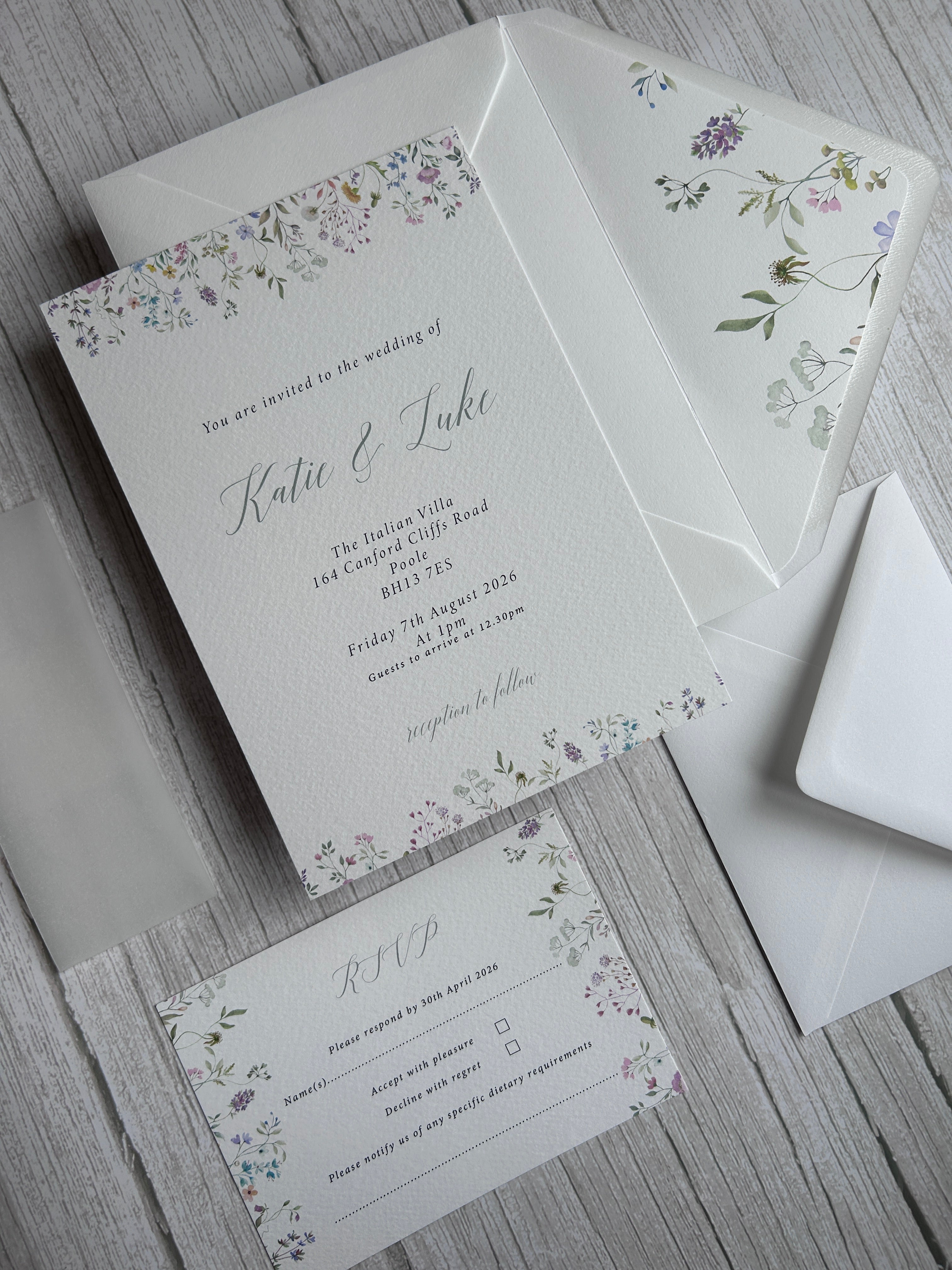 Wildflower Watercolour Botanical Border Wedding Invitations with Vellum Bellyband & Envelope Liner thumbnail 2