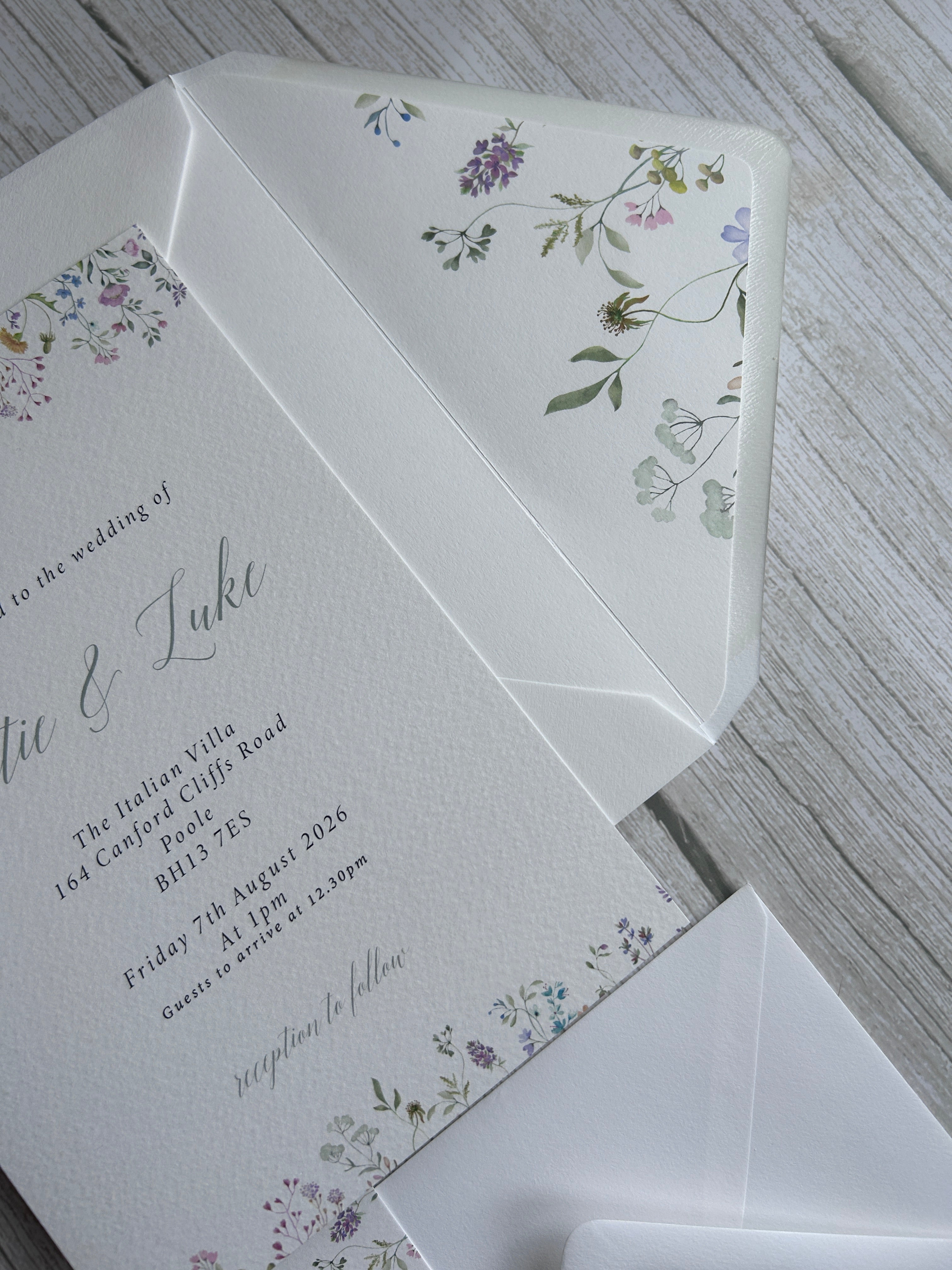 Wildflower Watercolour Botanical Border Wedding Invitations with Vellum Bellyband & Envelope Liner thumbnail 3