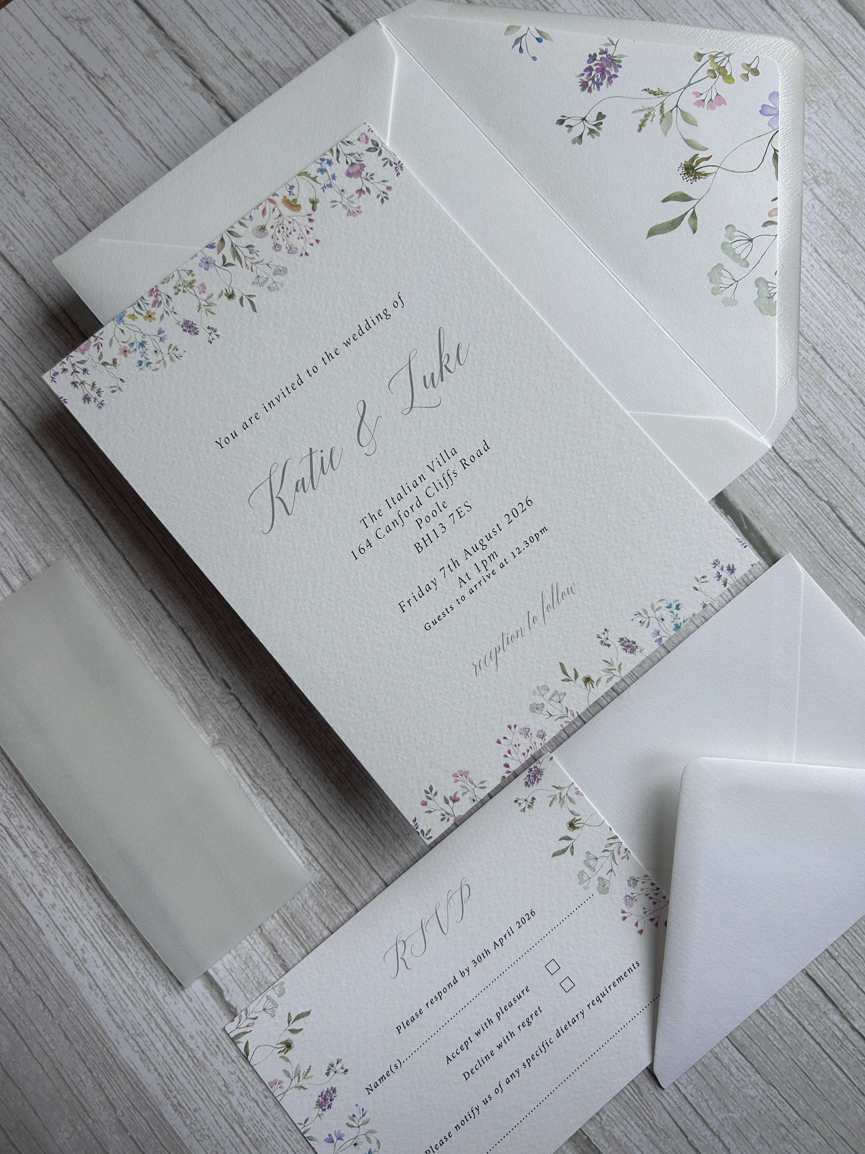 Wildflower Watercolour Botanical Border Wedding Invitations with Vellum Bellyband & Envelope Liner thumbnail 4