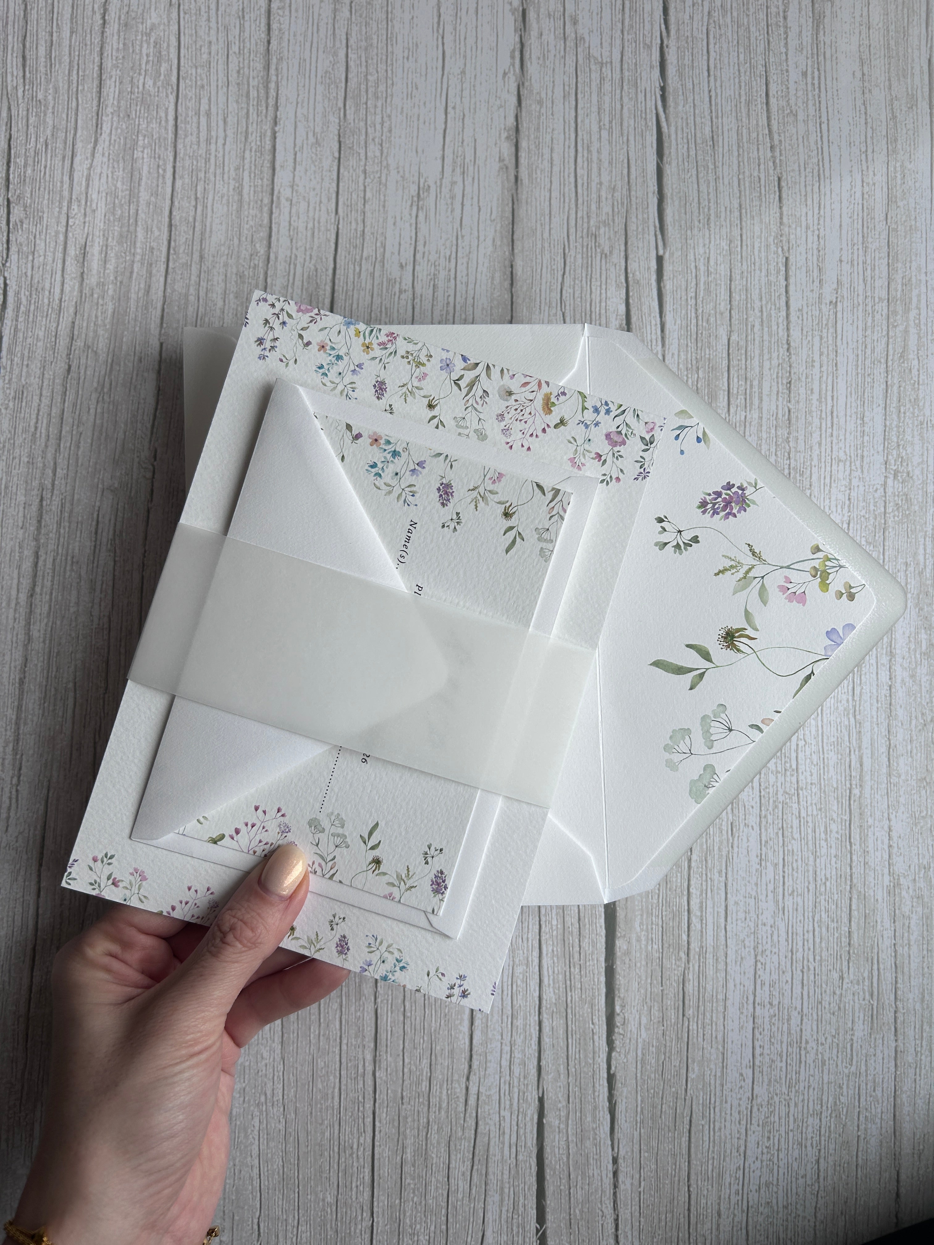 Wildflower Watercolour Botanical Border Wedding Invitations with Vellum Bellyband & Envelope Liner thumbnail 5