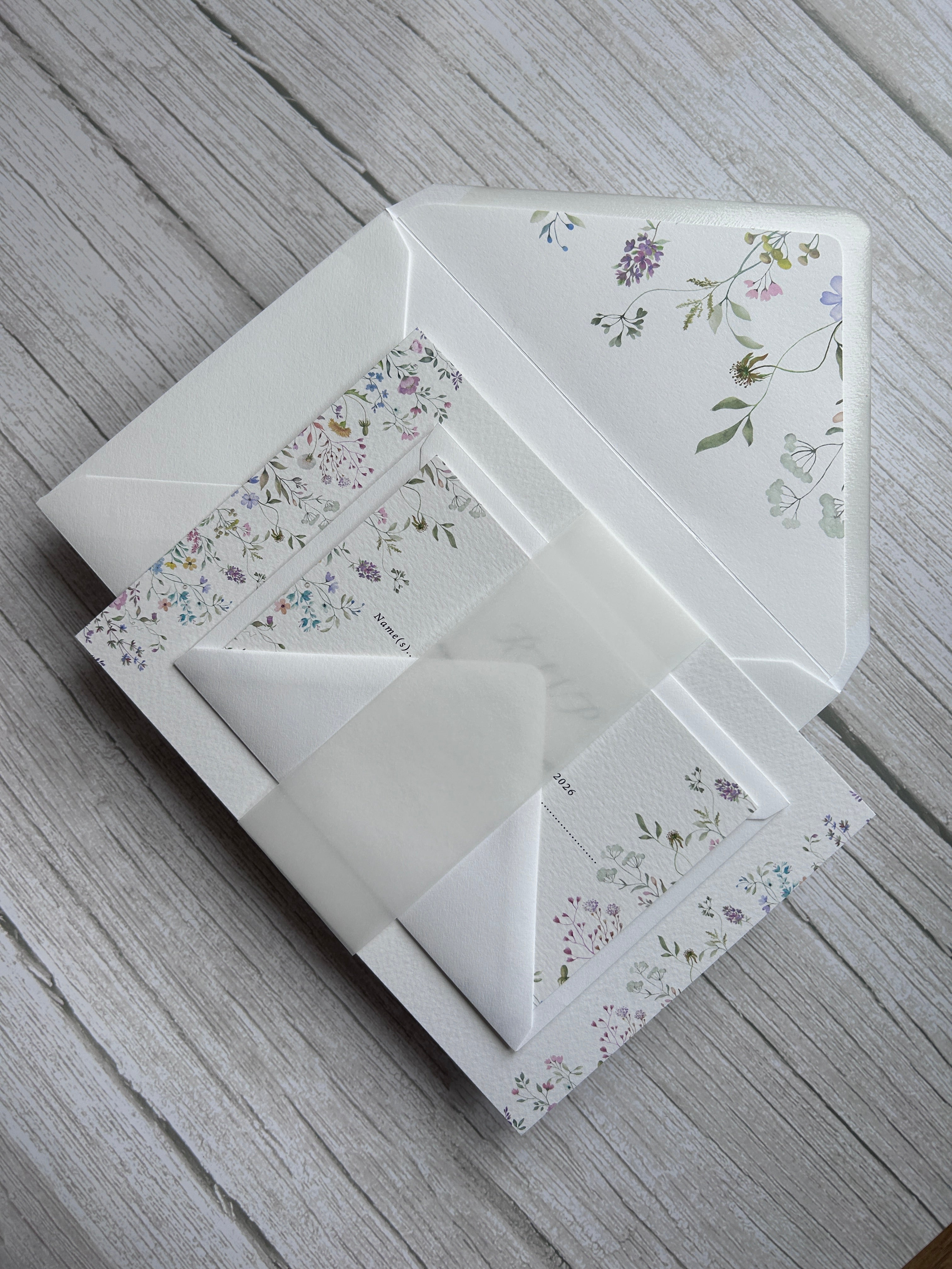 Wildflower Watercolour Botanical Border Wedding Invitations with Vellum Bellyband & Envelope Liner thumbnail 6