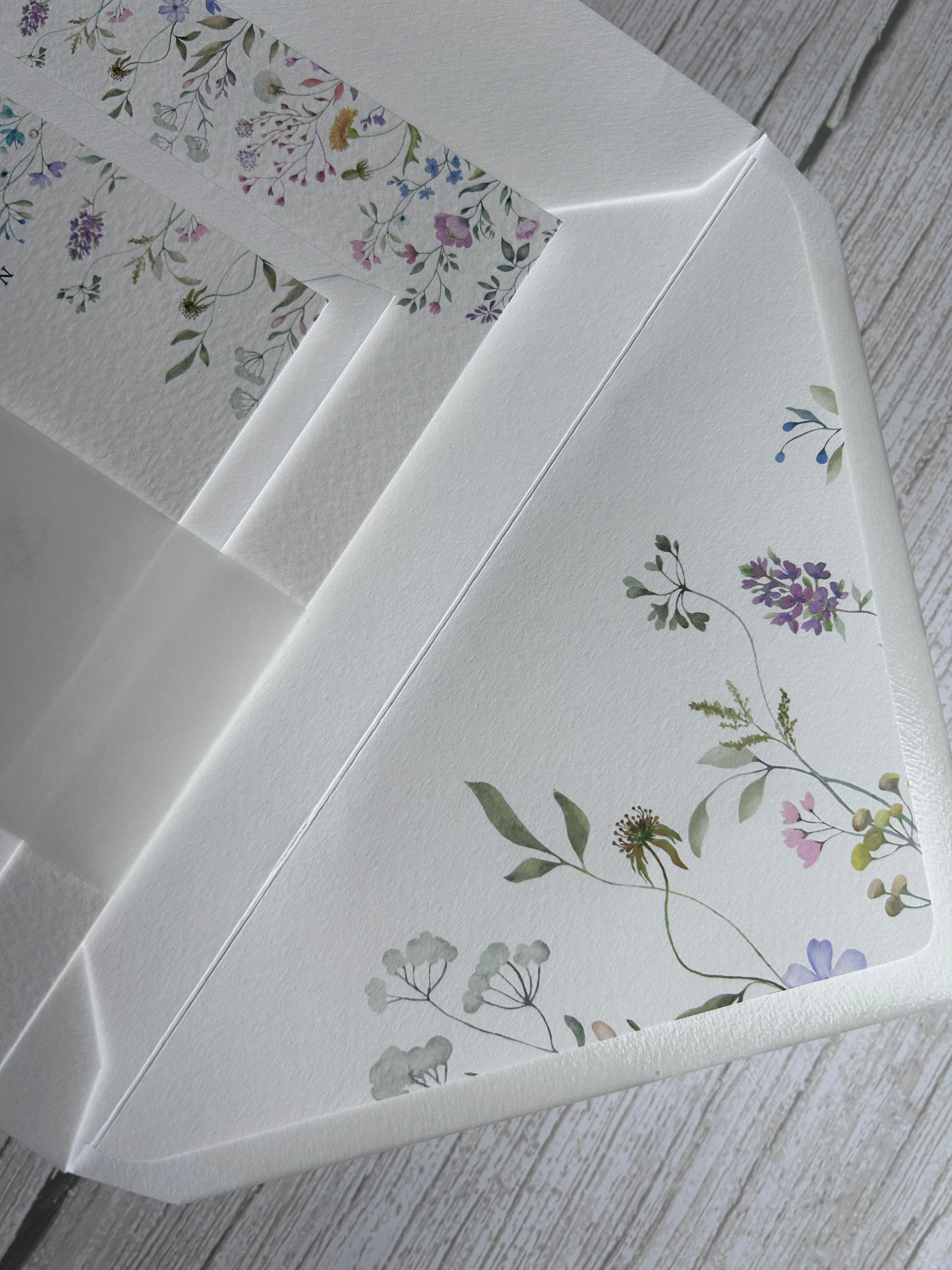 Wildflower Watercolour Botanical Border Wedding Invitations with Vellum Bellyband & Envelope Liner thumbnail 7