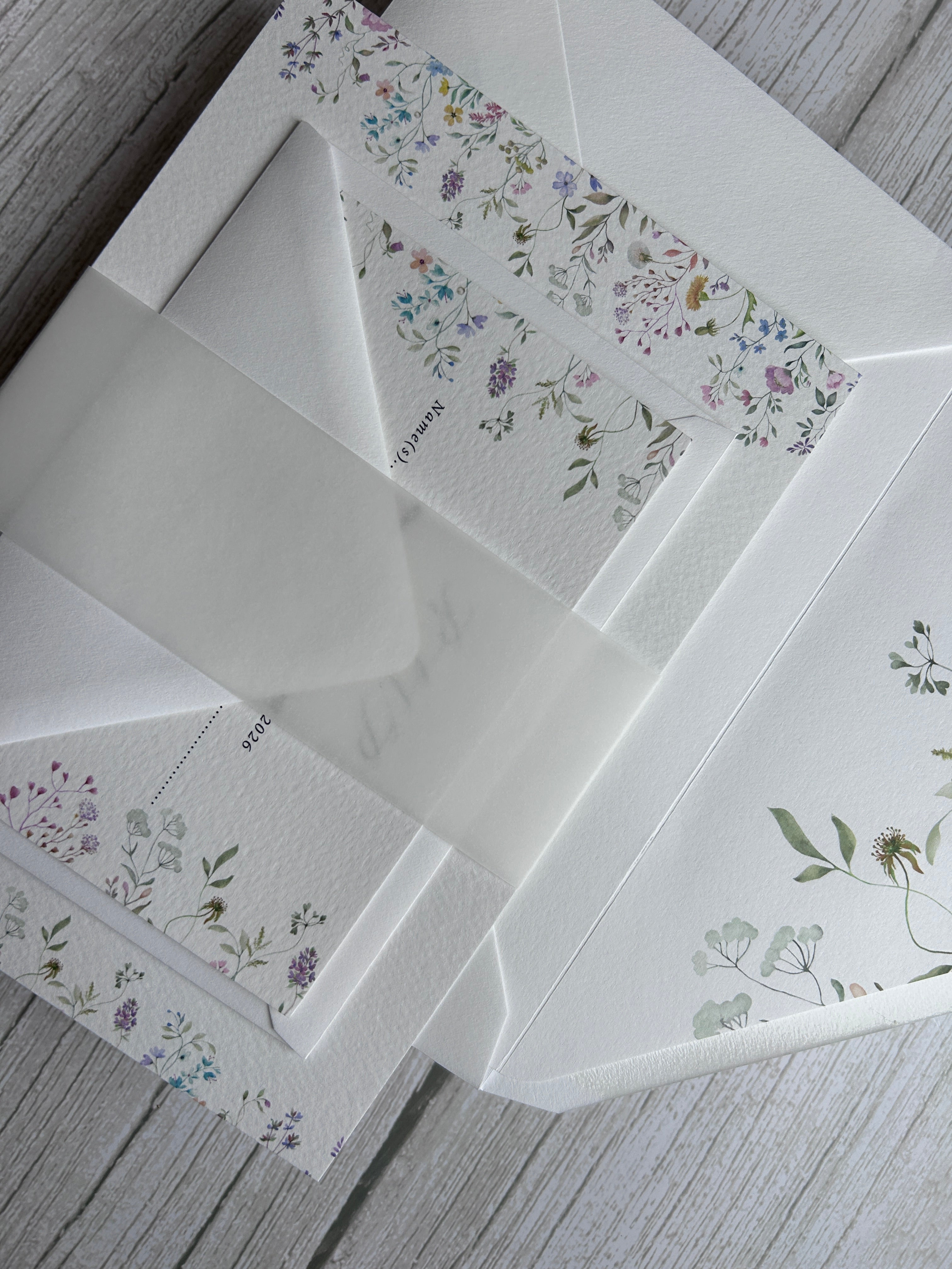 Wildflower Watercolour Botanical Border Wedding Invitations with Vellum Bellyband & Envelope Liner thumbnail 8