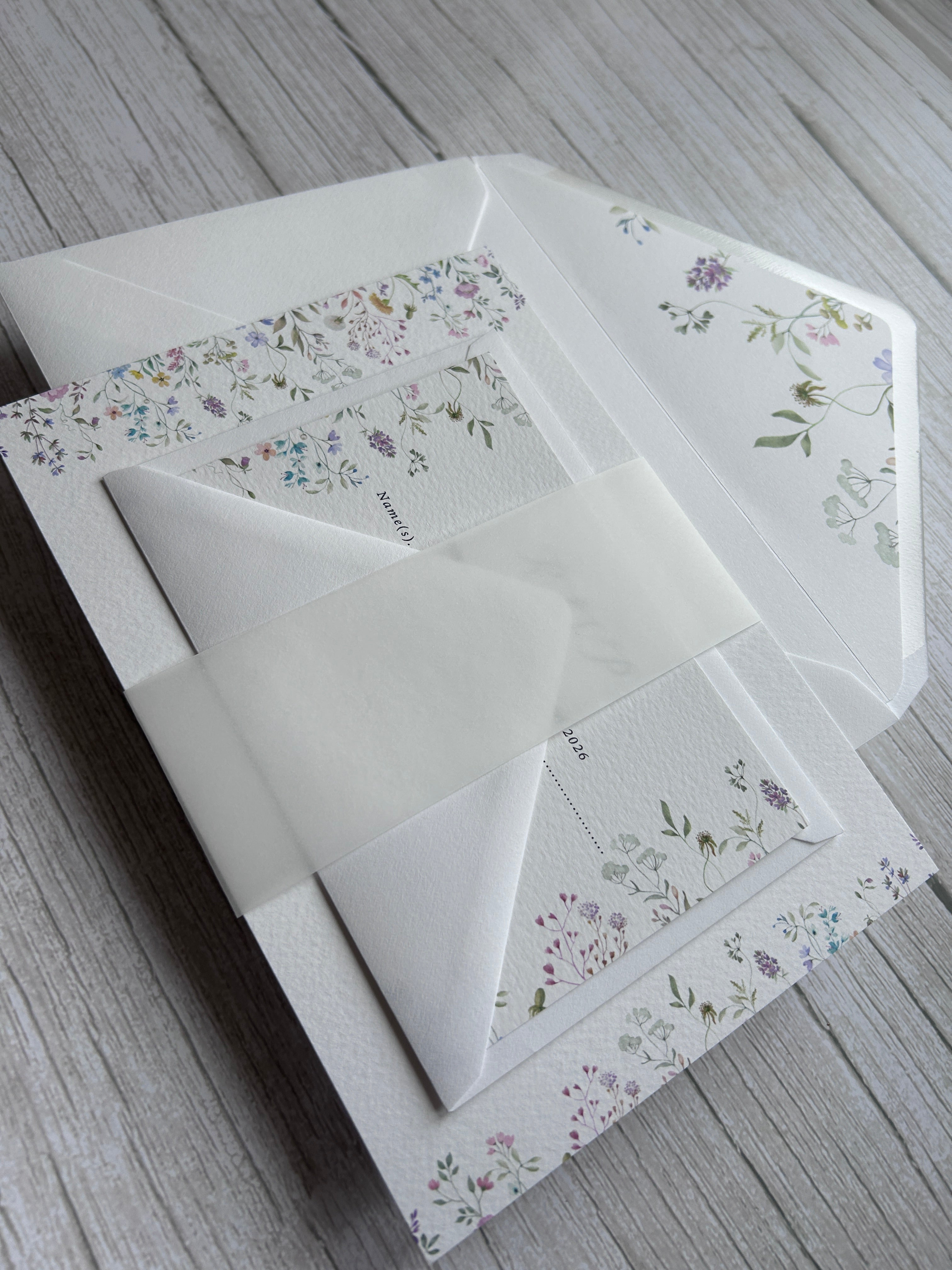 Wildflower Watercolour Botanical Border Wedding Invitations with Vellum Bellyband & Envelope Liner thumbnail 9