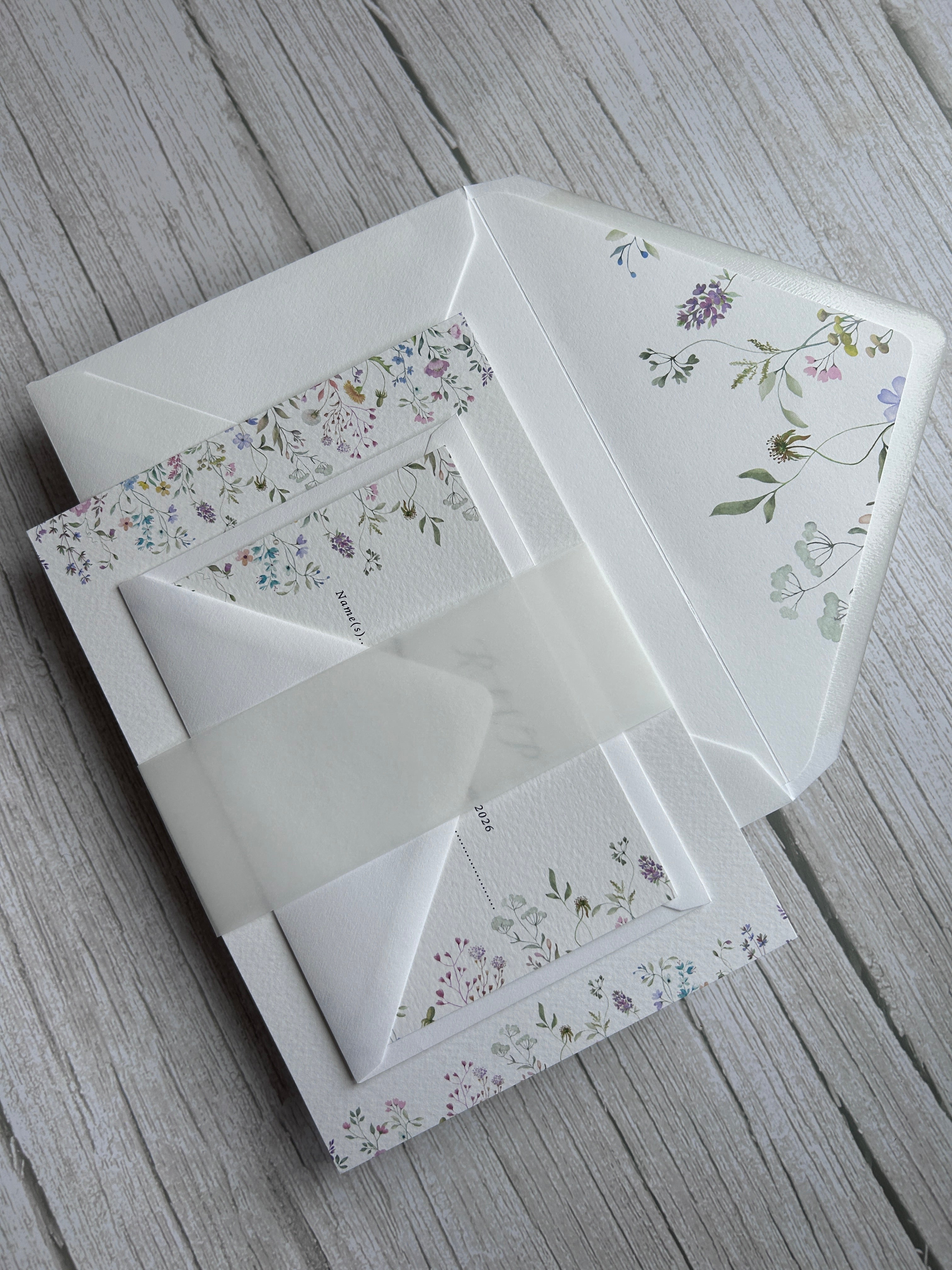 Wildflower Watercolour Botanical Border Wedding Invitations with Vellum Bellyband & Envelope Liner thumbnail 10
