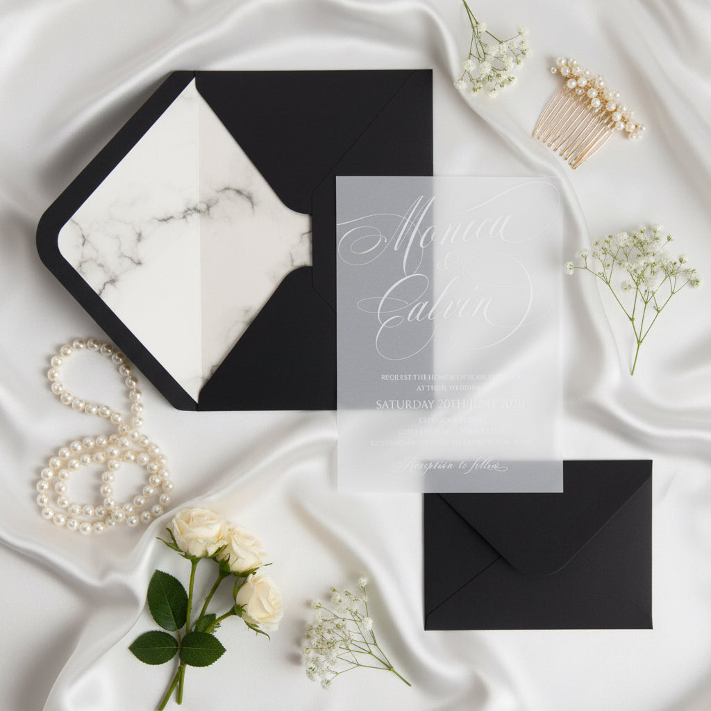 Vellum Wedding Invitation, White Marble UV Printed Invite image 1