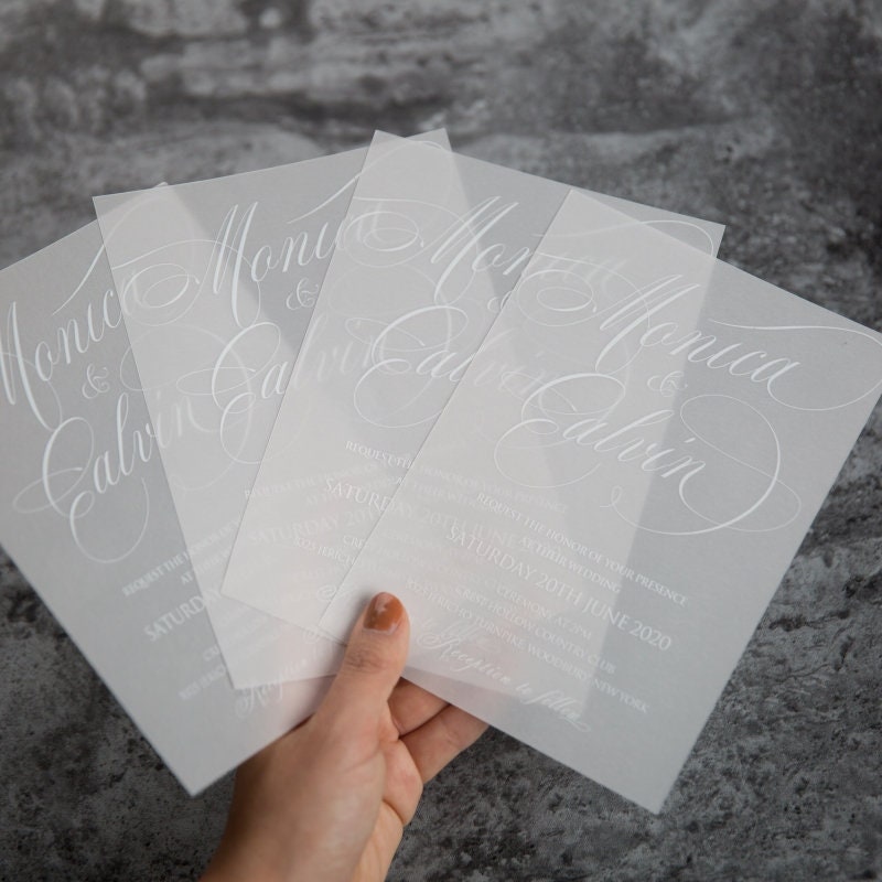 Vellum Wedding Invitation, White Marble UV Printed Invite thumbnail 2