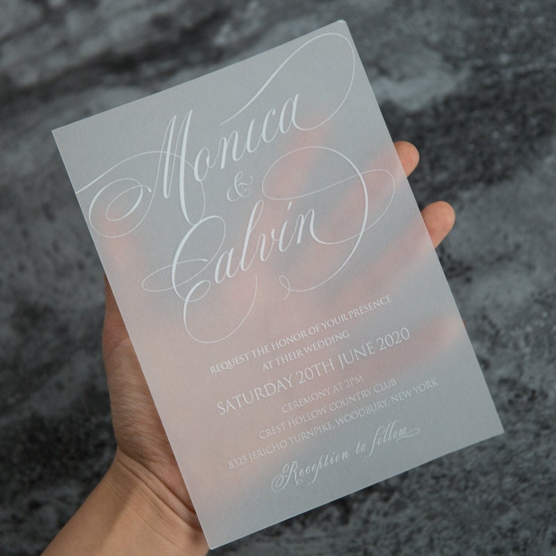 Vellum Wedding Invitation, White Marble UV Printed Invite thumbnail 3