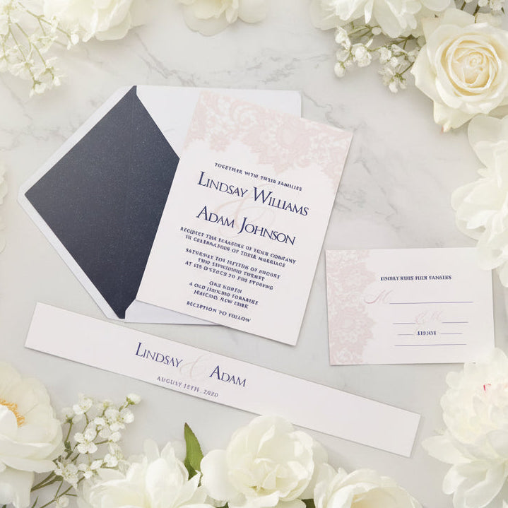 UV Printed Lace Wedding Invitation, Blush & Navy, Custom Suite image 1