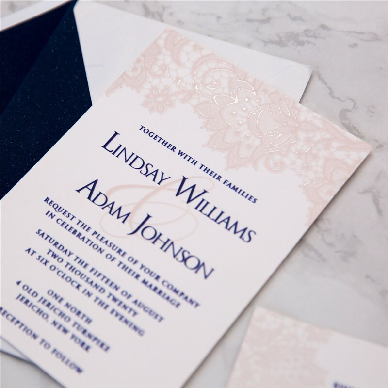 UV Printed Lace Wedding Invitation, Blush & Navy, Custom Suite thumbnail 2