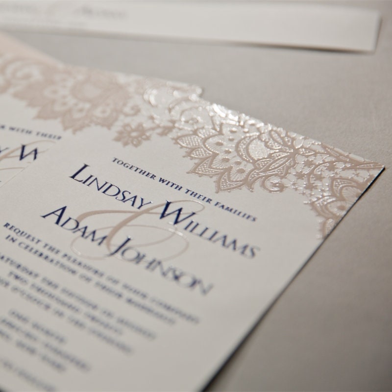 UV Printed Lace Wedding Invitation, Blush & Navy, Custom Suite thumbnail 4