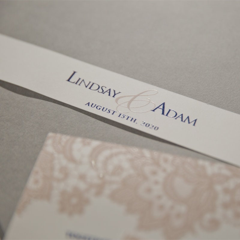 UV Printed Lace Wedding Invitation, Blush & Navy, Custom Suite thumbnail 5