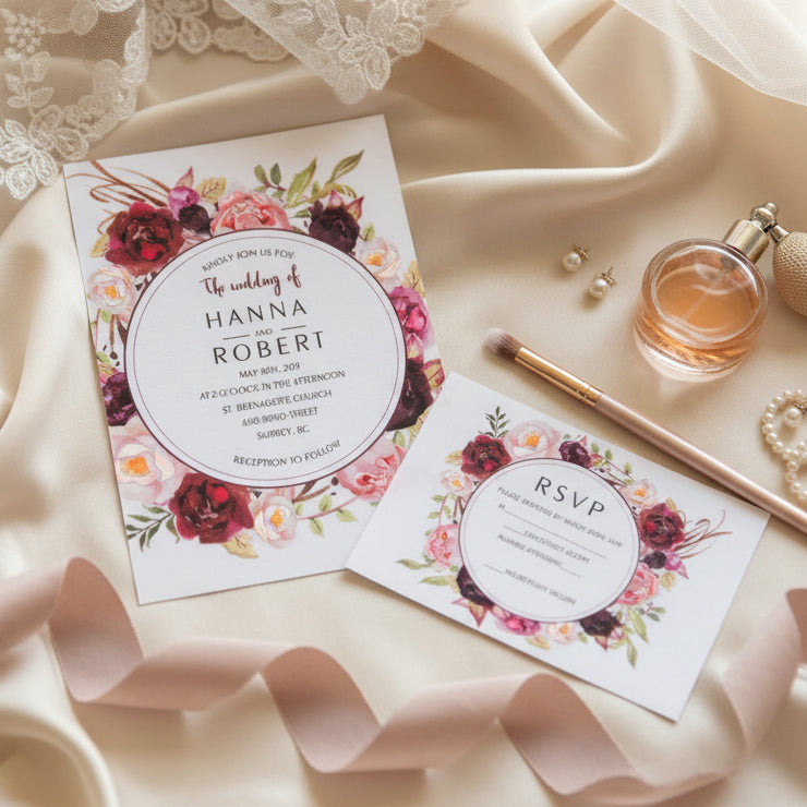 UV Printed Floral Wedding Invitation, Burgundy & Peach image 1