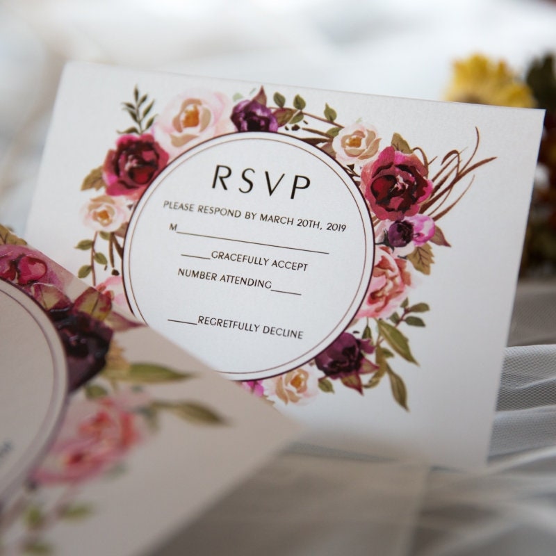 UV Printed Floral Wedding Invitation, Burgundy & Peach thumbnail 2