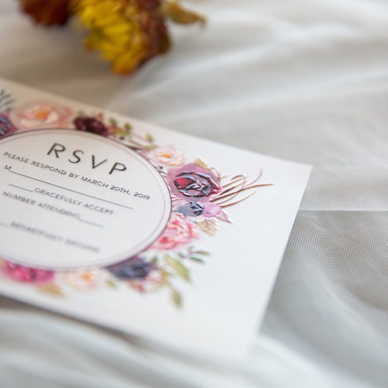 UV Printed Floral Wedding Invitation, Burgundy & Peach thumbnail 3