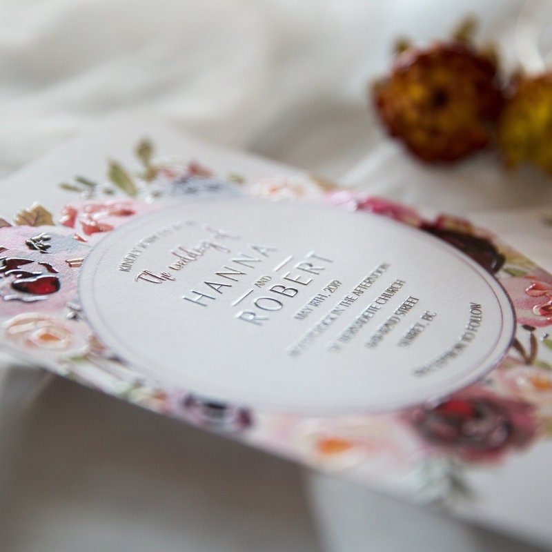 UV Printed Floral Wedding Invitation, Burgundy & Peach thumbnail 4