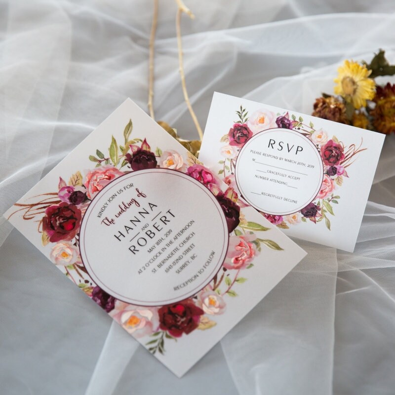 UV Printed Floral Wedding Invitation, Burgundy & Peach thumbnail 5