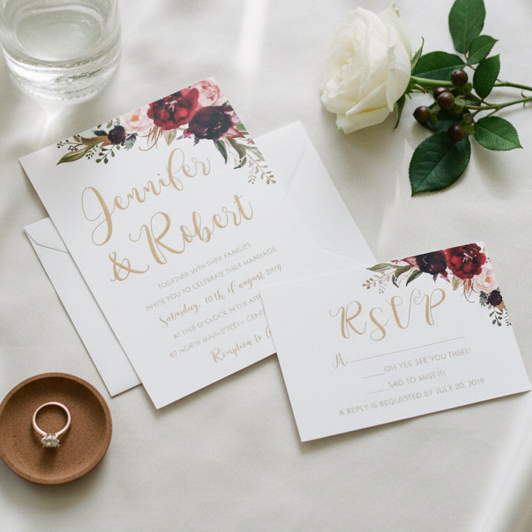 UV Printed Burgundy Floral Wedding Invitation, RSVP Set image 1