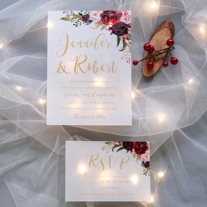 UV Printed Burgundy Floral Wedding Invitation, RSVP Set thumbnail 2