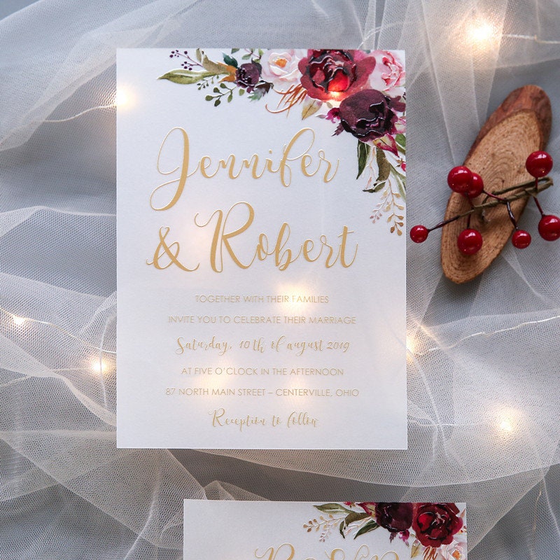 UV Printed Burgundy Floral Wedding Invitation, RSVP Set thumbnail 3