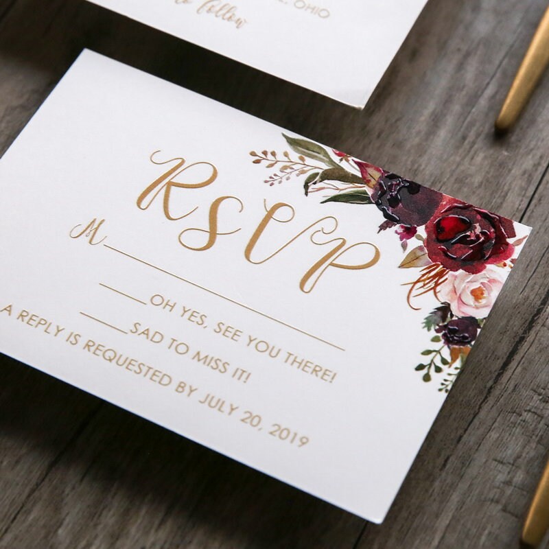 UV Printed Burgundy Floral Wedding Invitation, RSVP Set thumbnail 5