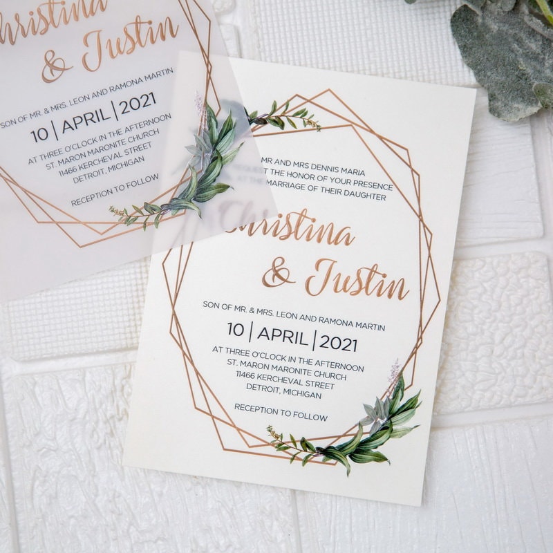 Geometric Olive Eucalyptus Leaf Design UV Printed Wedding Invite / Invitation image 1