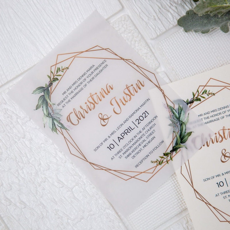 Geometric Olive Eucalyptus Leaf Design UV Printed Wedding Invite / Invitation thumbnail 2