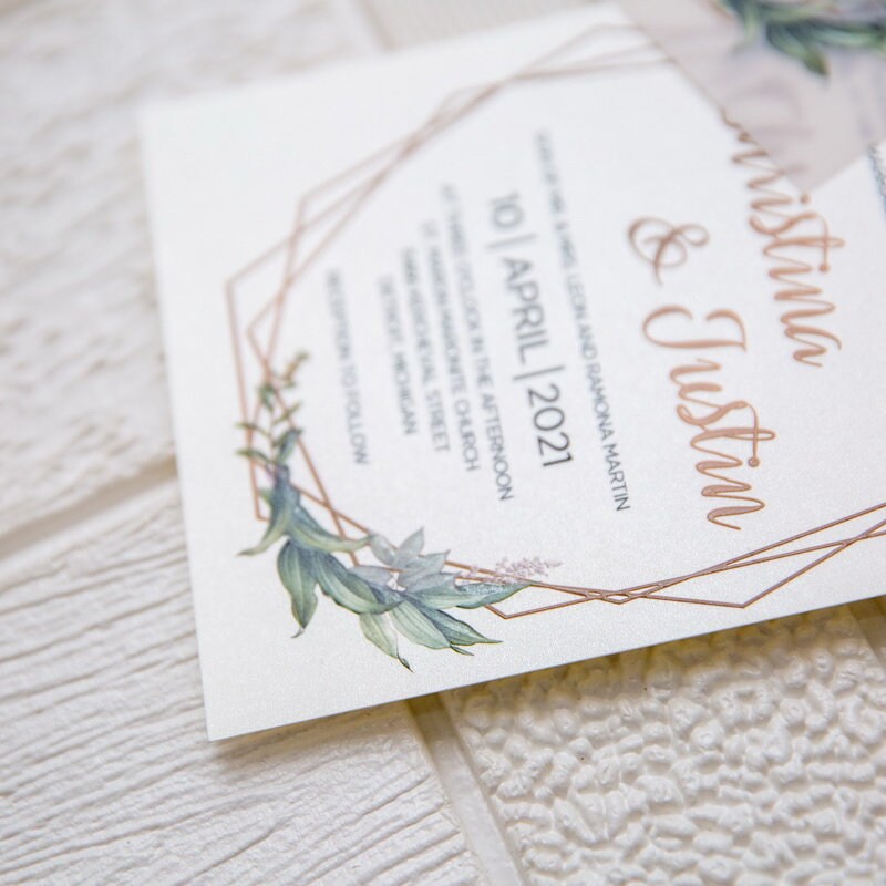 Geometric Olive Eucalyptus Leaf Design UV Printed Wedding Invite / Invitation thumbnail 3