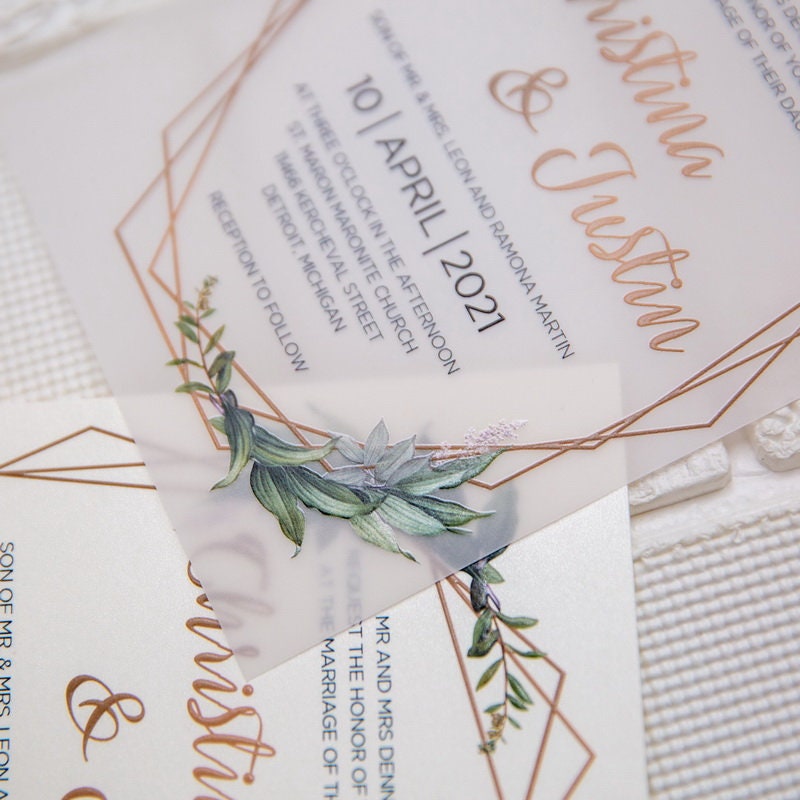 Geometric Olive Eucalyptus Leaf Design UV Printed Wedding Invite / Invitation thumbnail 4