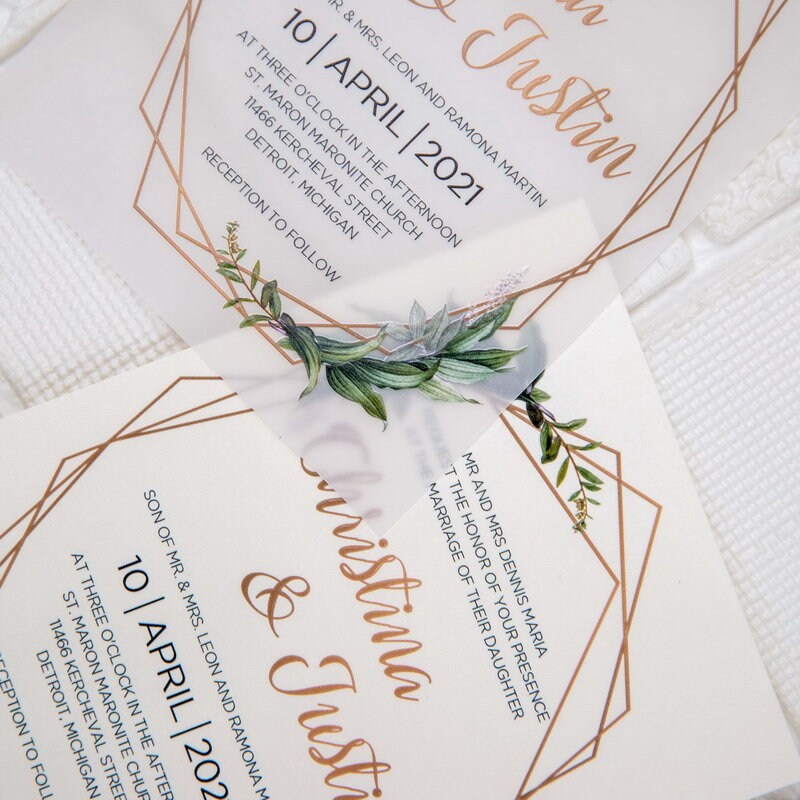 Geometric Olive Eucalyptus Leaf Design UV Printed Wedding Invite / Invitation thumbnail 5