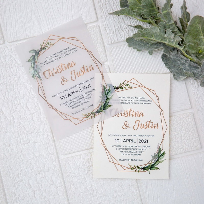 Geometric Olive Eucalyptus Leaf Design UV Printed Wedding Invite / Invitation thumbnail 6