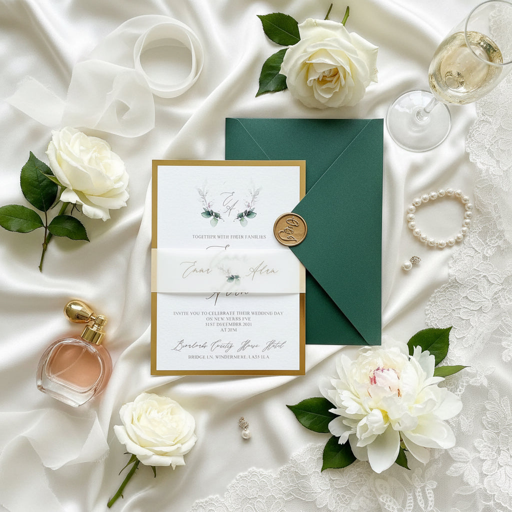 Emerald Green & Gold Mirror Wedding Invitation image 1