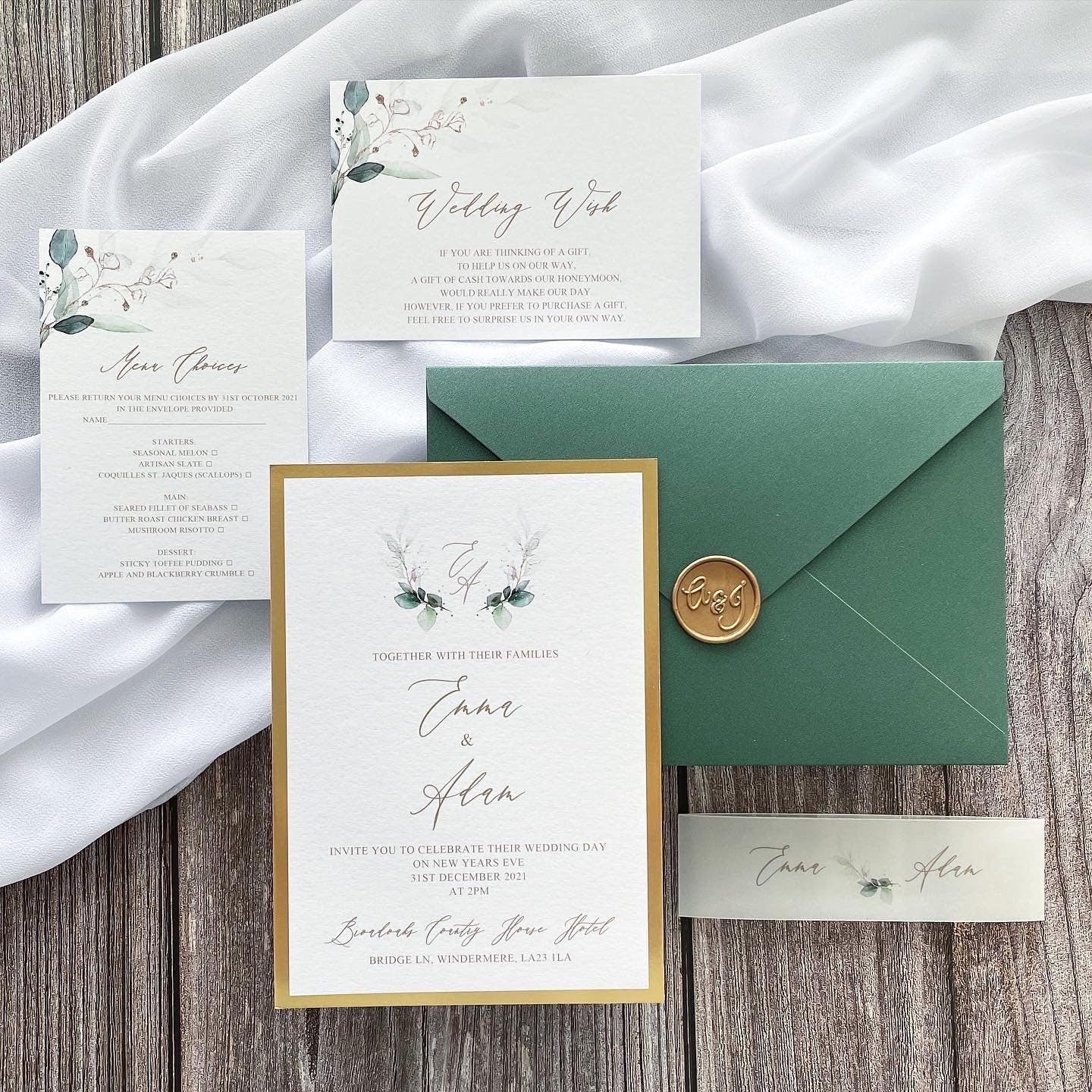 Emerald Green & Gold Mirror Wedding Invitation thumbnail 2