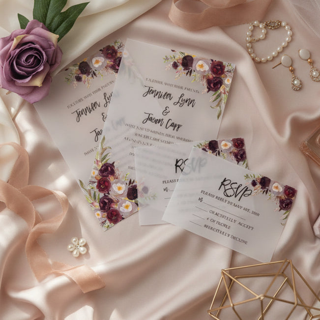 Burgundy Floral UV Printed Wedding Invitation image 1