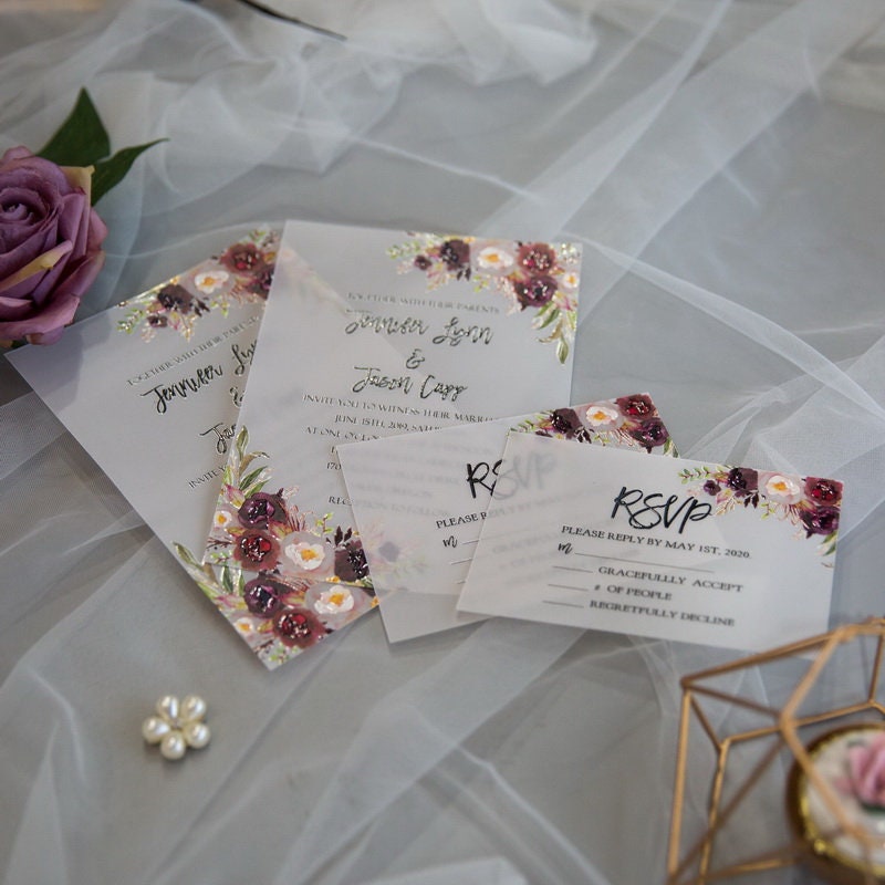 Burgundy Floral UV Printed Wedding Invitation thumbnail 4