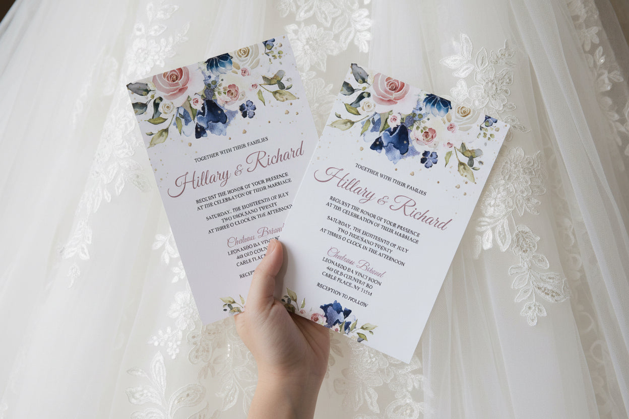 Blue & Pink Floral Wedding Invitation, UV Printed Flat Invite image 1