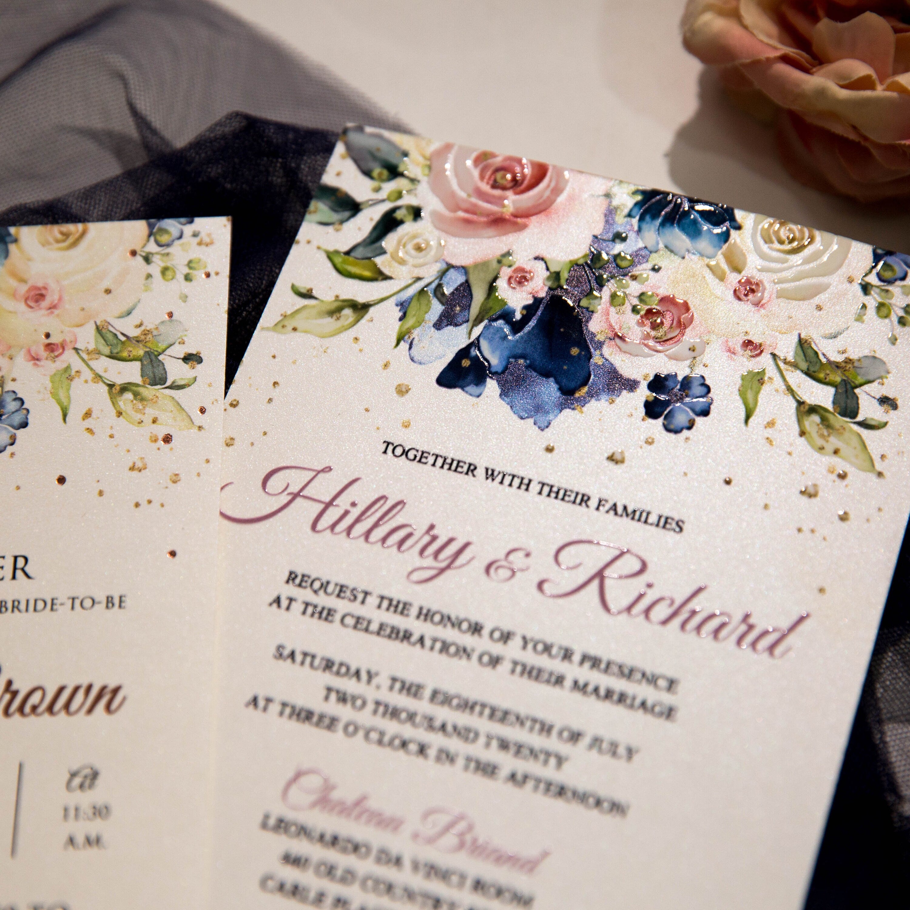 Blue & Pink Floral Wedding Invitation, UV Printed Flat Invite thumbnail 2