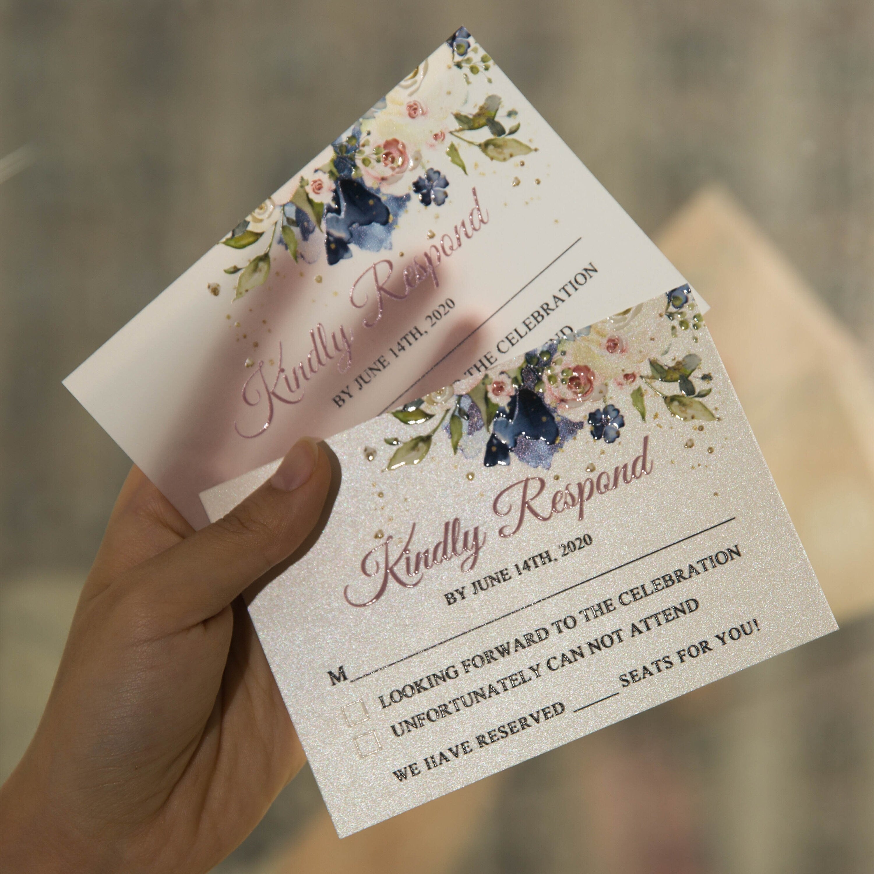 Blue & Pink Floral Wedding Invitation, UV Printed Flat Invite thumbnail 3