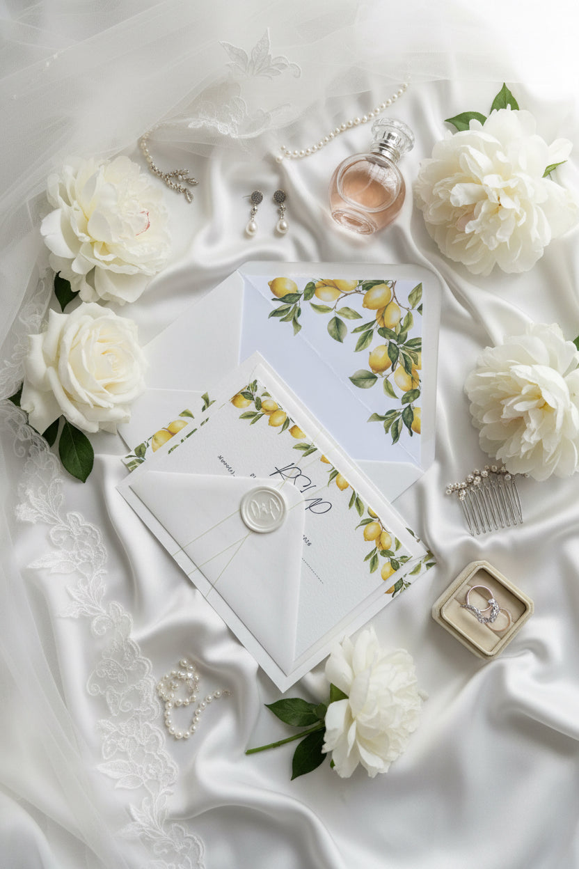 Italian Lemon Wedding Invitation With Lemon Thread & Personalised Wax Seal image 1