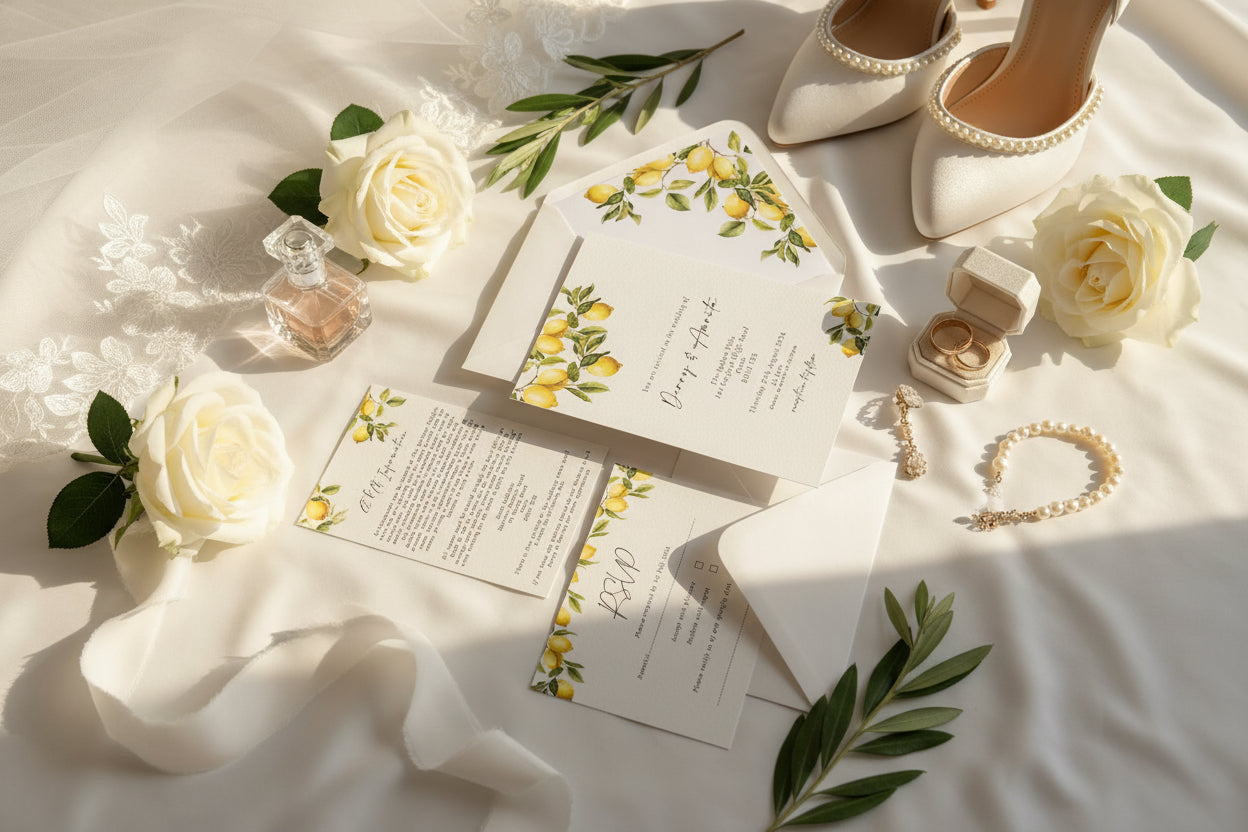 Italian Lemon Wedding Invitation With Lemon Thread & Personalised Wax Seal thumbnail 2