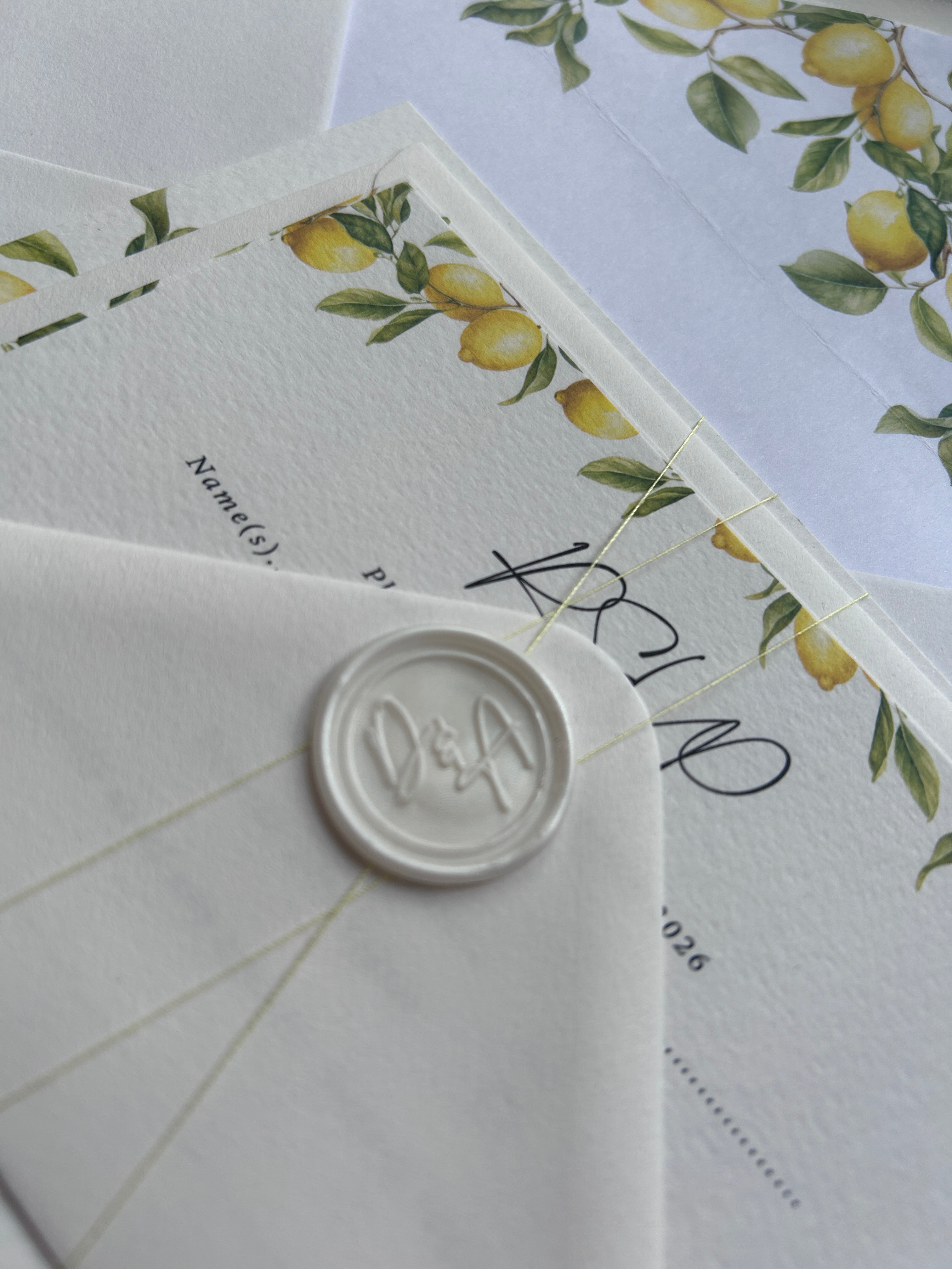 Italian Lemon Wedding Invitation With Lemon Thread & Personalised Wax Seal thumbnail 3