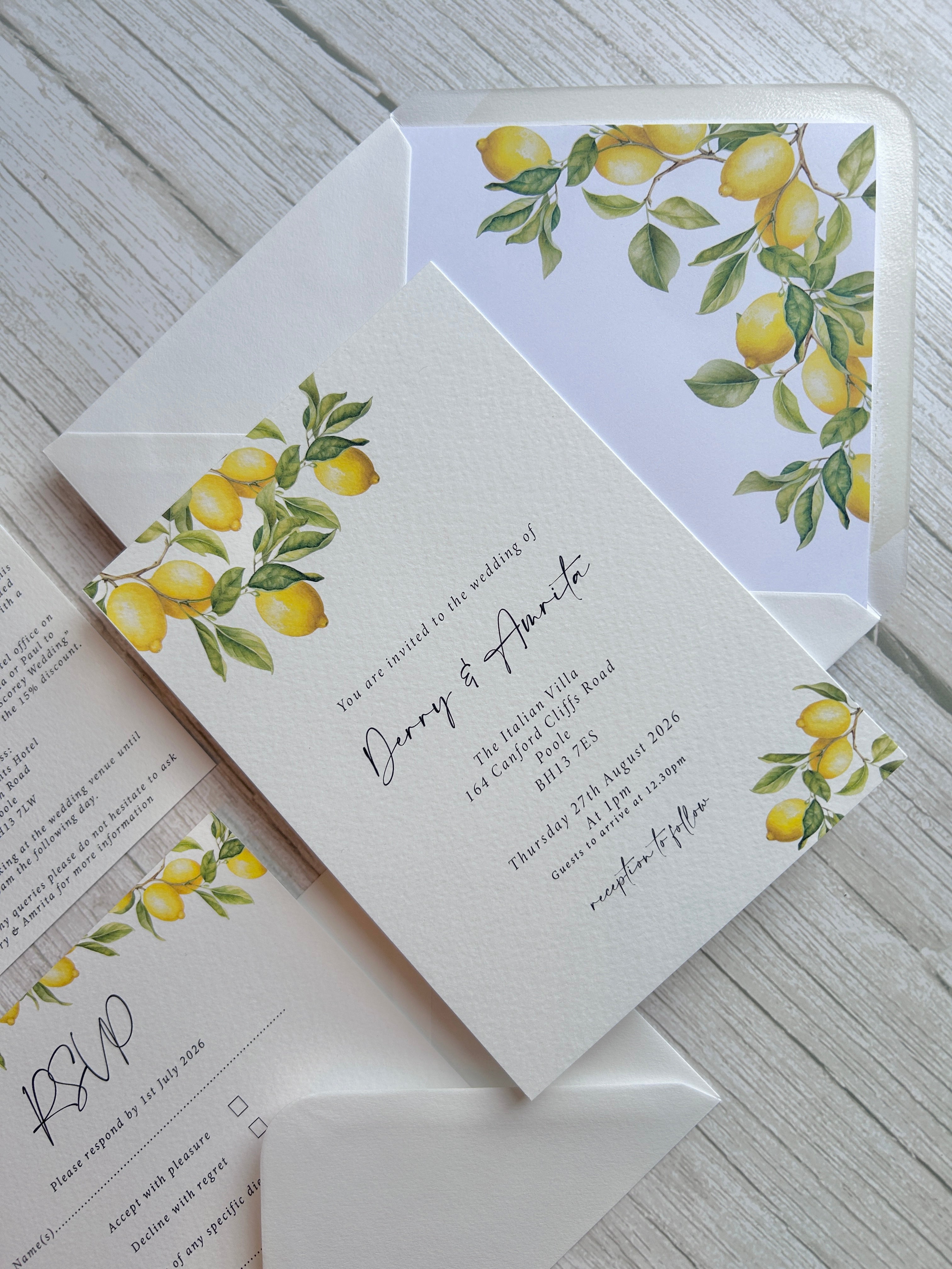 Italian Lemon Wedding Invitation With Lemon Thread & Personalised Wax Seal thumbnail 4